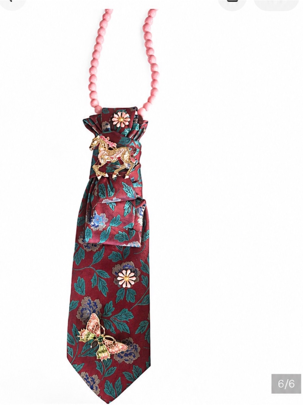 Unique Fashion Accessory ,Floral Necktie Necklace w/pink beads, Horse Brooch.